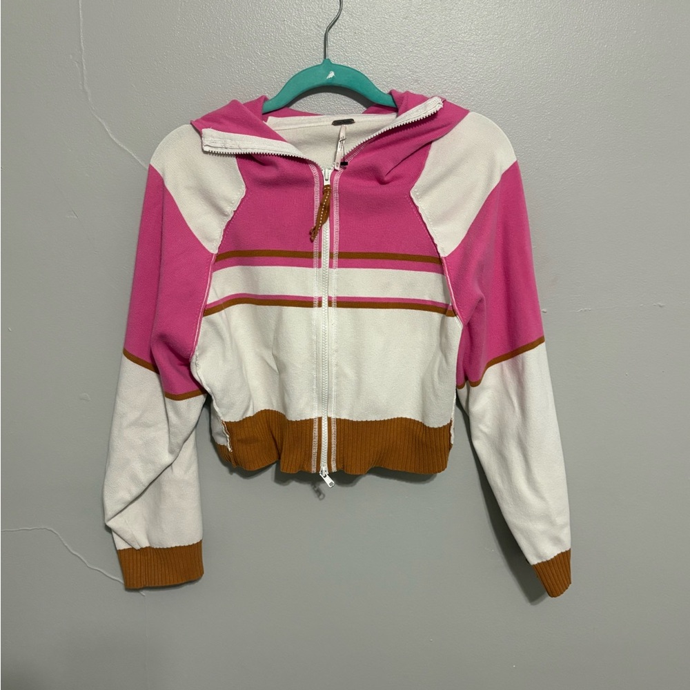 Free People Pink and White Cropped Hoodie